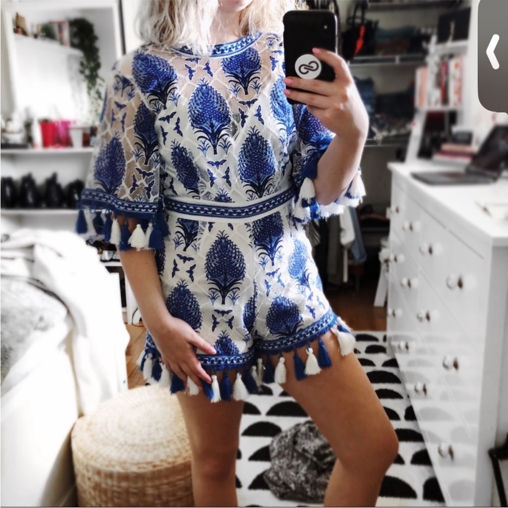 Entro Blue White Floral Tassel Trim Romper Dress Medium Boho Resort